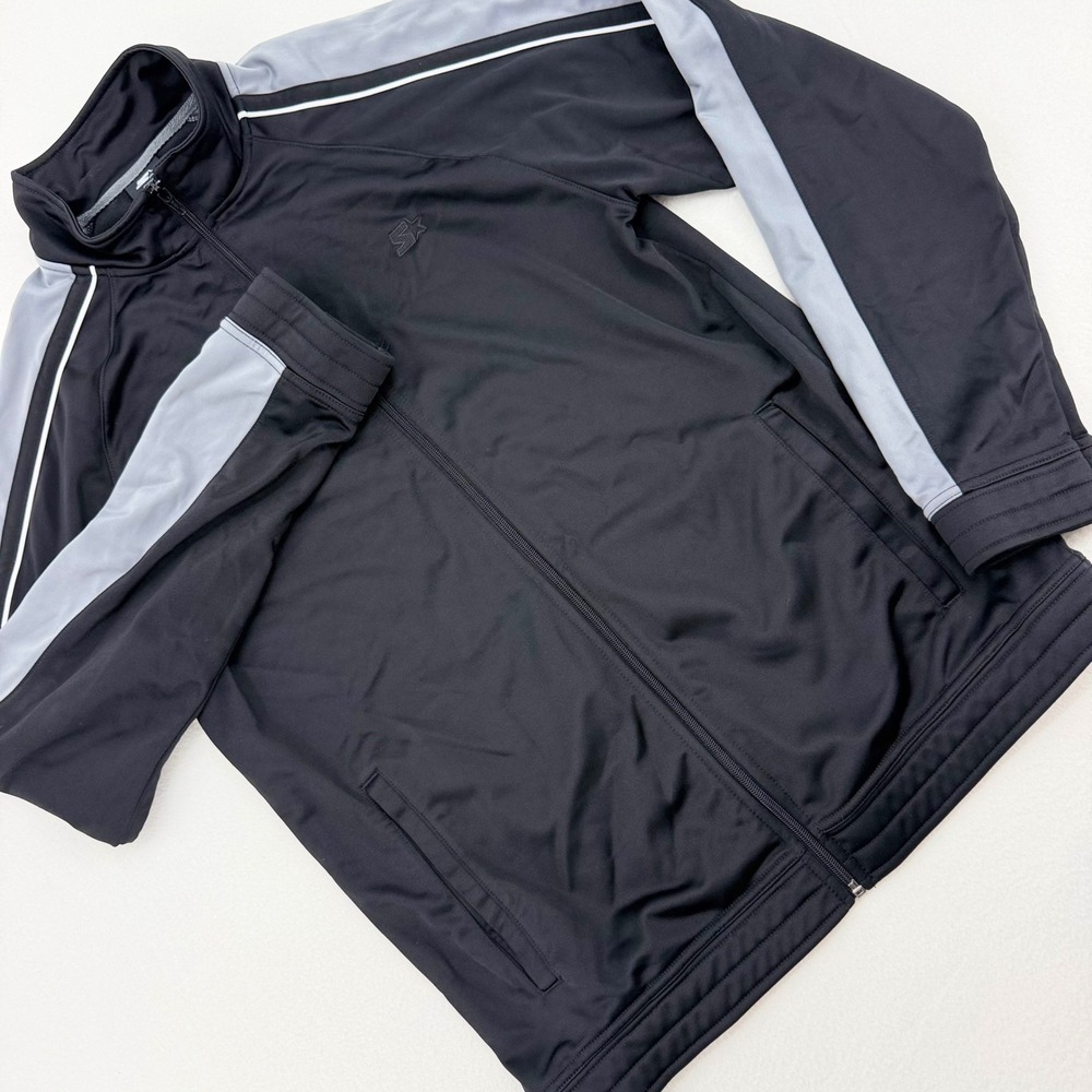 Starter Track Jacket Mens Small Black Gray Stripe Full Zip Excellent
